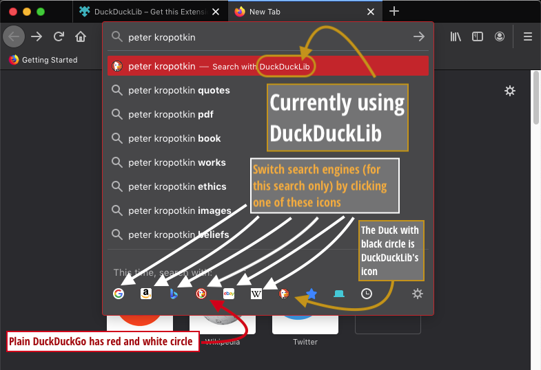 screen capture of searching via location bar in Firefox, with annotations indicating active search engine, and how to change engines for one search only